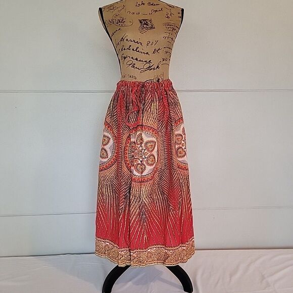 NOS Vintage 70s Boho Gypsy Peasant Skirt, Red Blue Gold Print, Nina Leslie, OS - Picture 2 of 7